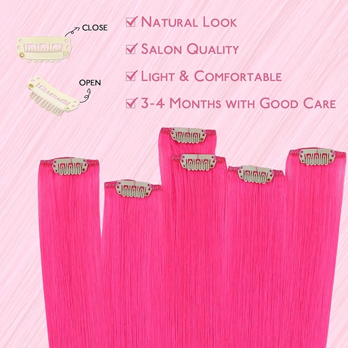 WENNALIFE Hot Pink Clip in Hair Extensions Real Human Hair 35g 6pcs 24 Inch Colored Hair Extensions for Kids Women Colorful Hair Pieces Pop-up Style Straight Extensiones De Cabello Humano Con Clip