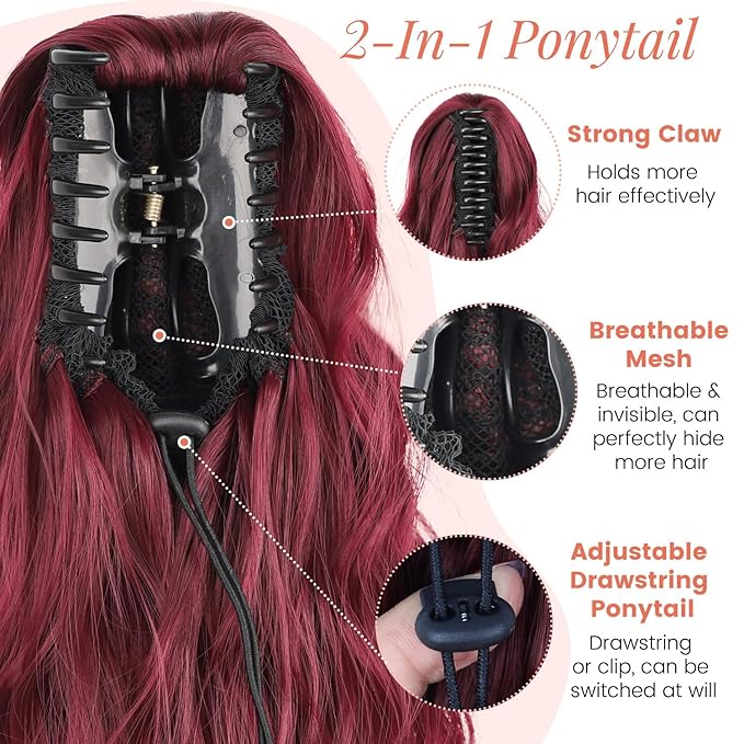 Ponytail Extension, 18 Inch Claw Clip Ponytail Extensions Wavy Ponytail Hair Extension for Women Fluffy Natural Synthetic Jaw Clip on Pony Tails Hairpiece for Daily Use (Wine Red)