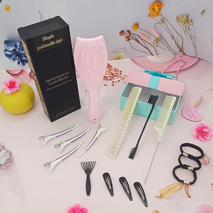 Hair Brush Set, Professional Styling Tools with Combs and Accessories, Pink, Gift Box Included (Pink Brush+Black Brush)