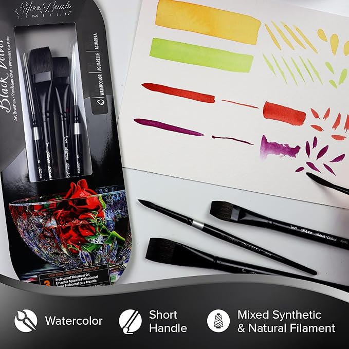 Silver Brush Limited WC-3202S Black Velvet Professional Watercolor Set, Set of 4, Size 8 Round, Size 8 Script Liner, Sizes 3/4 and 1 Inch Flat Wash Paintbrushes, Short Handle