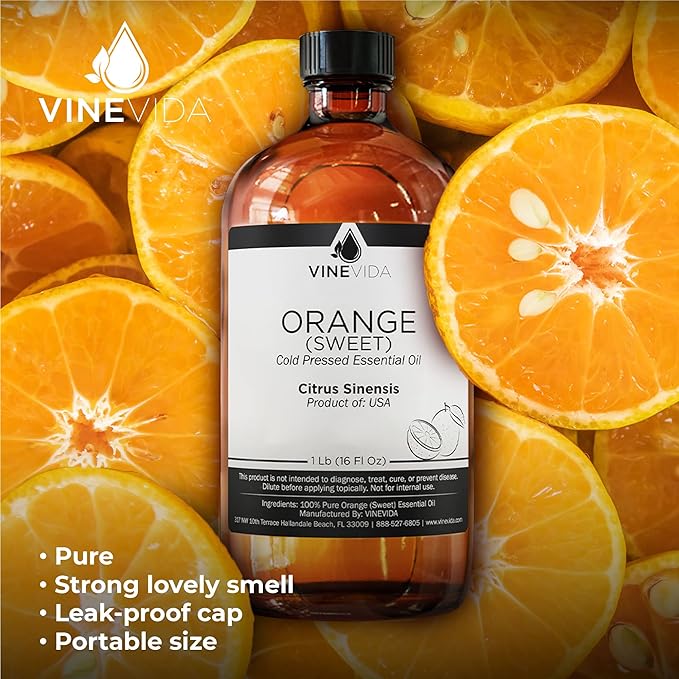 VINEVIDA Orange Sweet Essential Oil - 16 oz - Undiluted - DIY Candle Scents - Bulk for Soap Making & Skin Safe
