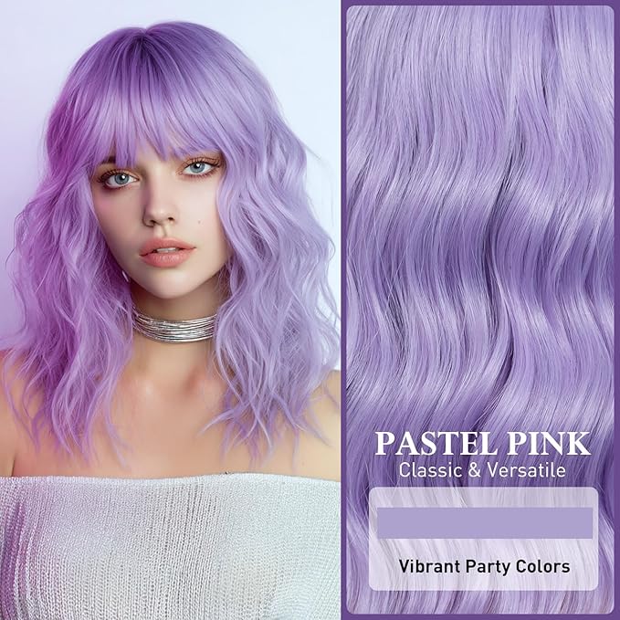 NOBLE Short Curly Purple Bob Wig with Bangs for Girls and Women Shoulder Length Heat Resistant Synthetic Wig Bob Curly Loose Wavy Hair Wigs for Halloween Cosplay 12 Inches
