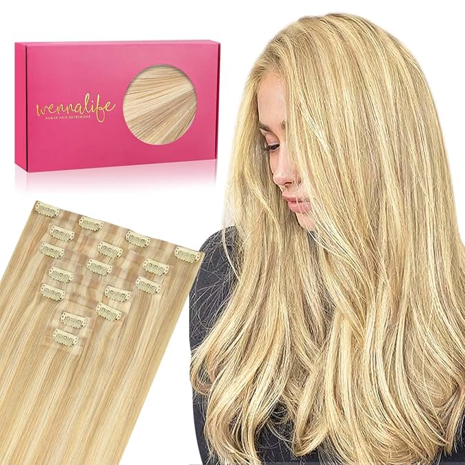 WENNALIFE Seamless Clip In Hair Extensions Human Hair, 12 Inch 80g 7pcs Light Blonde Highlighted Golden Blonde Real Hair Extensions Clip in Human Hair Invisible PU Skin Weft Natural Remy Hair