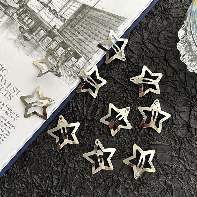 Star Hair Clips 2000s Y2K Snap Hair Barrettes Non Slip Star Hair Accessories Silver Metal Hair Clips for Girls Women -50 PCS 1.18"