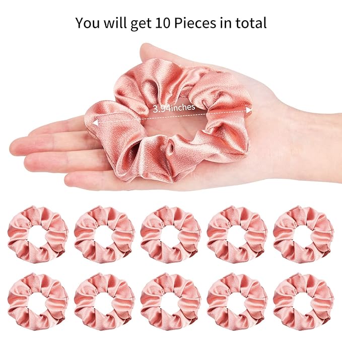 CEELGON Satin Silk Bridesmaid Scrunchies for Hair Big Scrunchies Satin Hair Ties Hair Scrunchie 10 Pack (Rose Gold)