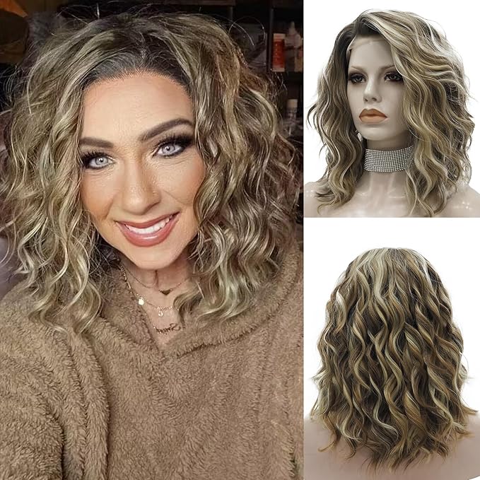 Synthetic Lace Front Wigs: Brown Highlight Ash Blonde 13*2 Inches Lace Front Wig, Short Bob Curly Wigs Synthetic Hair 16 Inches Wig Free Part with Natural Hairline Shoulder Length (Blonde Brown)