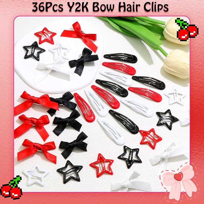 36Pcs Red Mini Hair Bows Y2K Star Hair Barrettes Metal Snap Hair Clips Water Drop No Slip Hair Clips for Women Bowknot Star Hair Accessories for Girls