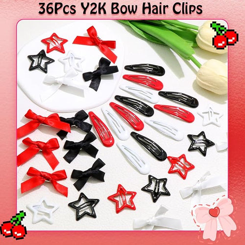 36Pcs Red Mini Hair Bows Y2K Star Hair Barrettes Metal Snap Hair Clips Water Drop No Slip Hair Clips for Women Bowknot Star Hair Accessories for Girls