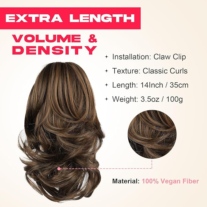 Ponytail Extension - 14" Claw Clip in Ponytail Hair Extensions Natural Soft Synthetic Layered Wavy Pony Tail Hair Pieces for Women - Medium Brown with Highlights