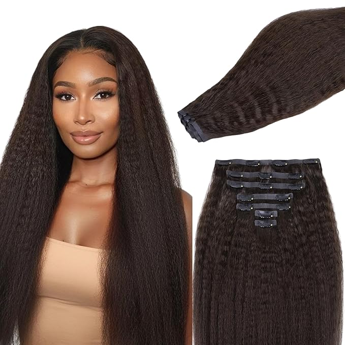 Lashey Seamless Clip in Hair Extensions Human Hair #2 Dark Brown Kinky Straight 7pcs 110g 16 Inch PU Weft Human Hair Clip in Extensions for Women