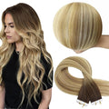 Full Shine Invisible Virgin Tape in Hair Extensions Color 3/8/22 Dark Brown Roots Fading to Brown And Blonde 12Inch Seamless Remy Hair Tape in Extensions Double Sided Skin Weft Natural 20 PCS 30 Gram