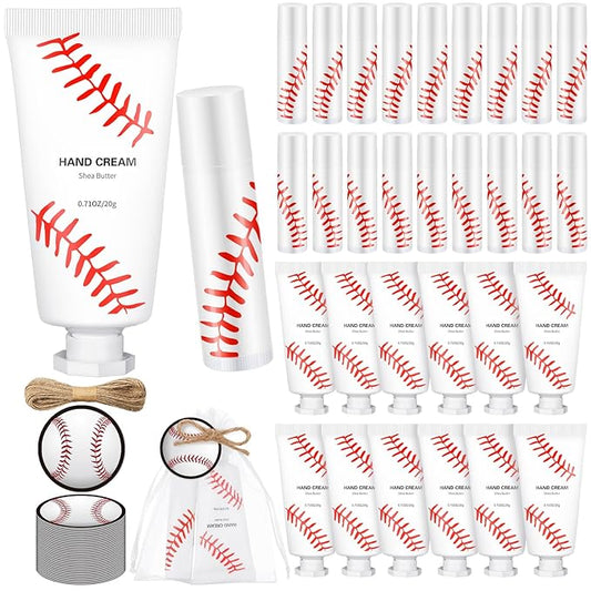 144 Pcs Baseball Lip Balm Hand Cream Set Baseball Party Supply, Include 36 Baseball Lip Balm 36 Moisturizing Hand Cream 36 Baseball Bag 36 Baseball Card and Rope for Baseball Accessories Gifts