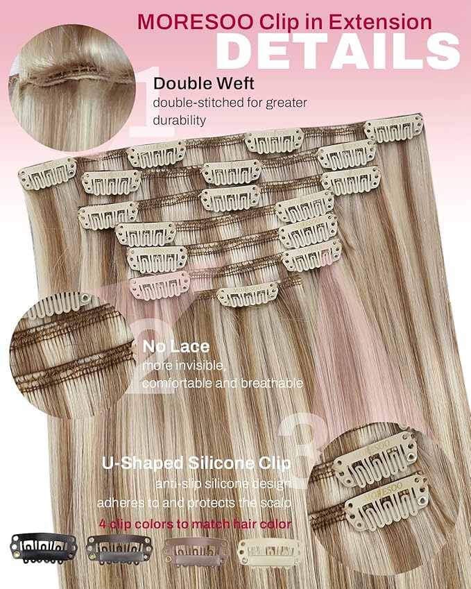 Moresoo Long Hair Extensions Clip ins Blonde Highlights Medium Brown with Platinum Blonde Double Weft Human Hair Clip in Extensions Highlights Brown with Blonde for Party 120g/7pcs 24in
