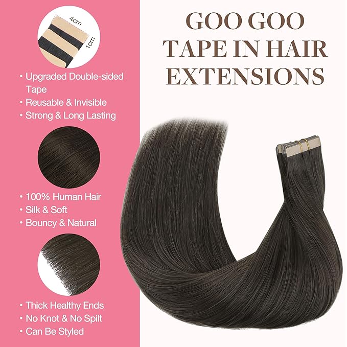 GOO GOO Tape in Hair Extensions Human Hair, 1C Mocha Brown, 16inch 100g 40pcs, Skin Weft Seamless Invisible, Silky Straight with Thick Ends, Remy Human Hair