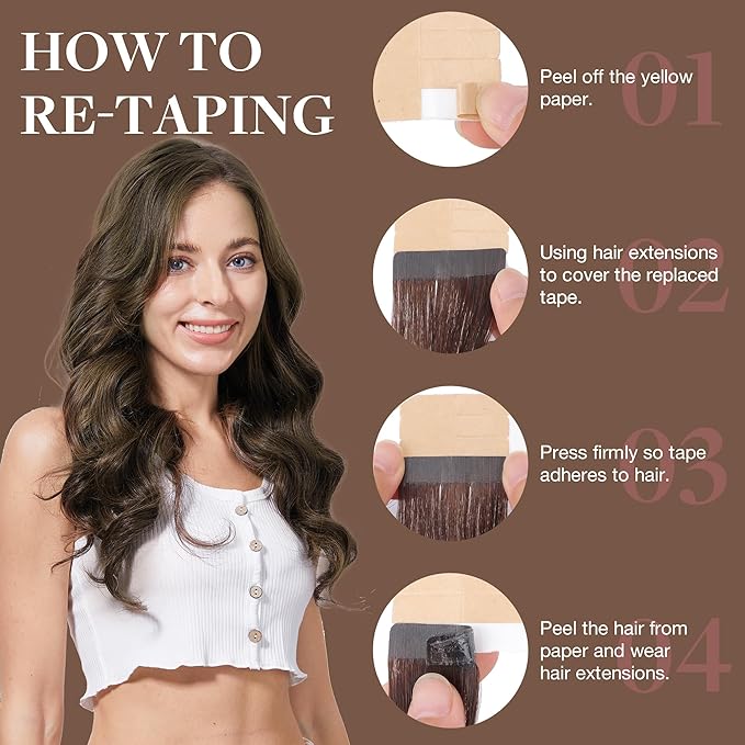 GOO GOO Tape in Hair Extensions Human Hair, 2/6 Dark Brown Highlighted Chestnut Brown, 18inch 100g 40pcs, Skin Weft Seamless Invisible, Silky Straight with Thick Ends, Remy Human Hair