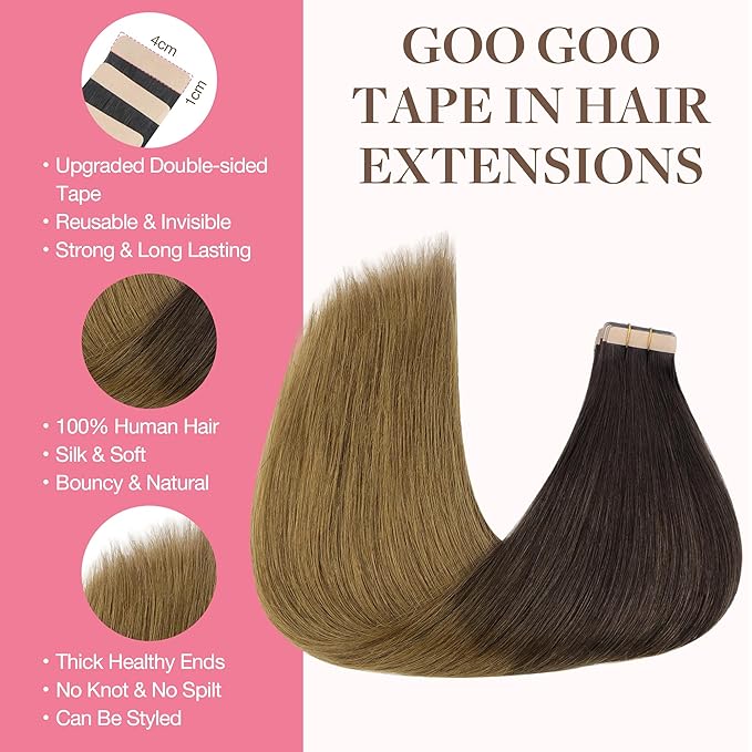 GOO GOO Tape in Hair Extensions Human Hair, 1D/2C/4E Chocolate Dip Color Melt, 18inch 50g 20pcs, Skin Weft Seamless Invisible, Silky Straight with Thick Ends, Remy Human Hair