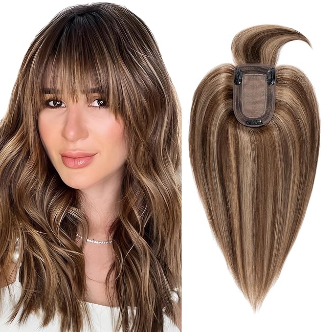 SEGO Hair Toppers for Women Real Human Hair with Thinning, with Front Bangs Clip in Toppers Straight 150% Density Silk Base -16 Inch #4/27 Medium Brown Mix Dark Blonde