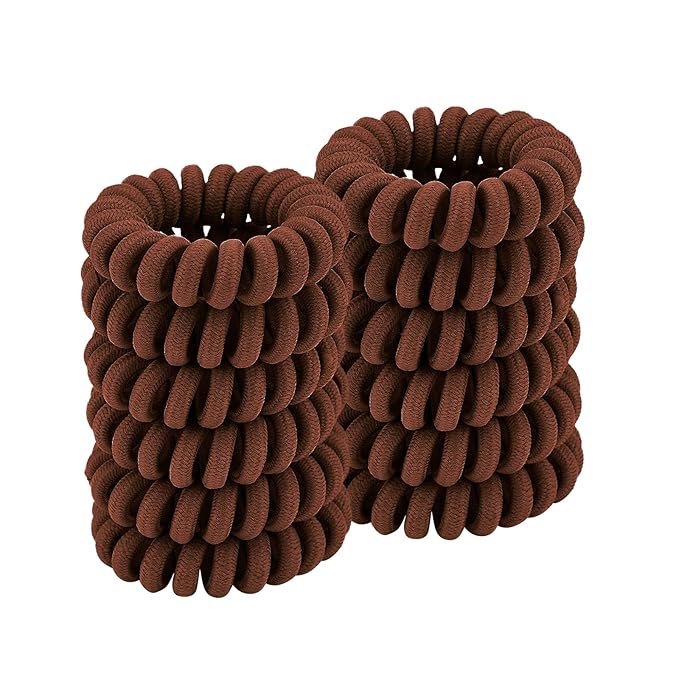 Spiral Hair Ties (Cloth Brown, 12 Pcs) - Coil Ponytail Holders for Thick Hair, No Crease Phone Cord Ties for All Hair Types