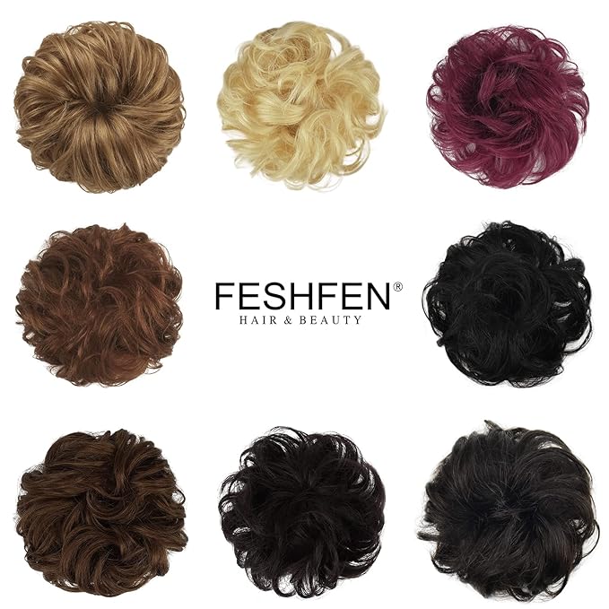 FESHFEN Human Messy Buns - 100% Human Hair Bun Real Scrunchies Hair Pieces Ponytail Extensions Wavy Tousled Updo Chignon Hairpieces for Women, Black