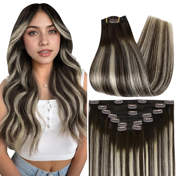 Full Shine Clip in Hair Extensions Real Human Hair Ombre Brown Remy Human Hair Clip in Extensions Balayage Dark Brown to Light Blonde Brazilian Hair Extensions 18 Inch 7 Pcs 120 G