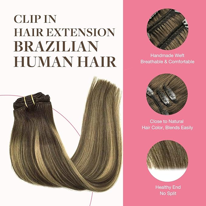 GOO GOO Clip in Hair Extensions Real Human Hair, Remy Human Hair Extensions Clip ins for Women, Natural Human Hair, 24inch 150g 9Pcs, #4/27/4 Balayage Chocolate Brown to Caramel Blonde