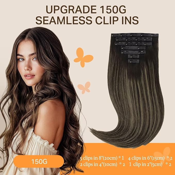 DOORES Hair Extensions Real Human Hair, Natural Black to Light Blonde, 9pcs, 14 Inch, 130g, Seamless Clip-In, Straight