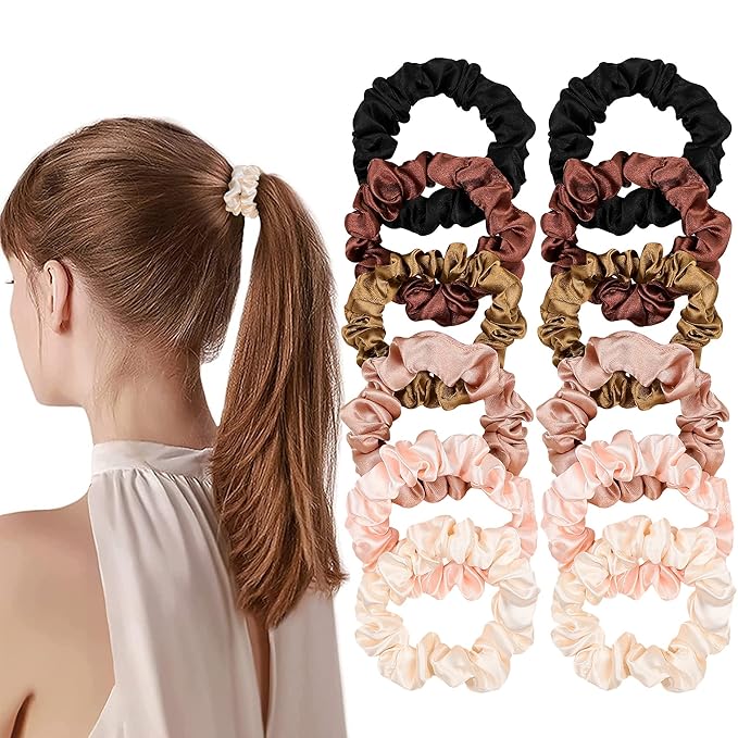 Satin Silk Hair Ties Small Mini Scrunchy for Women Cute Ponytail Holders Mini Bulk Scrunchies Elastic Hair Bands for Thick Curly Hair Pony Tails Hair Ties (12 Pcs)