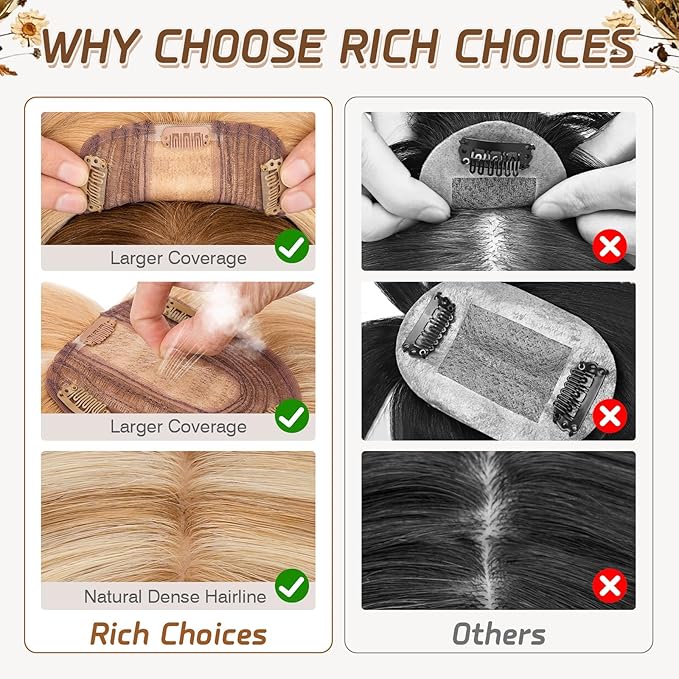 Rich Choices Real Human Hair Toppers for Women With Bang 100% Remy Human Hair Topper for Thinning Hair Clip in Silk Base Hair Topper 14 Inch #12P613 Golden Brown Mix Bleach Blonde