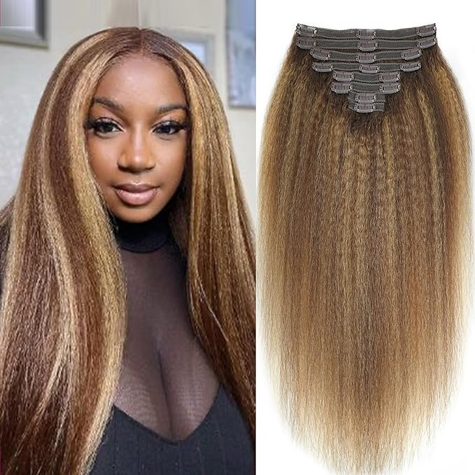Kinky Straight Clip in Hair Extensions Real Human Highlight Clip ins For Women Unprocessed Clip on Hair Extensions(26inch,#4/27/4)