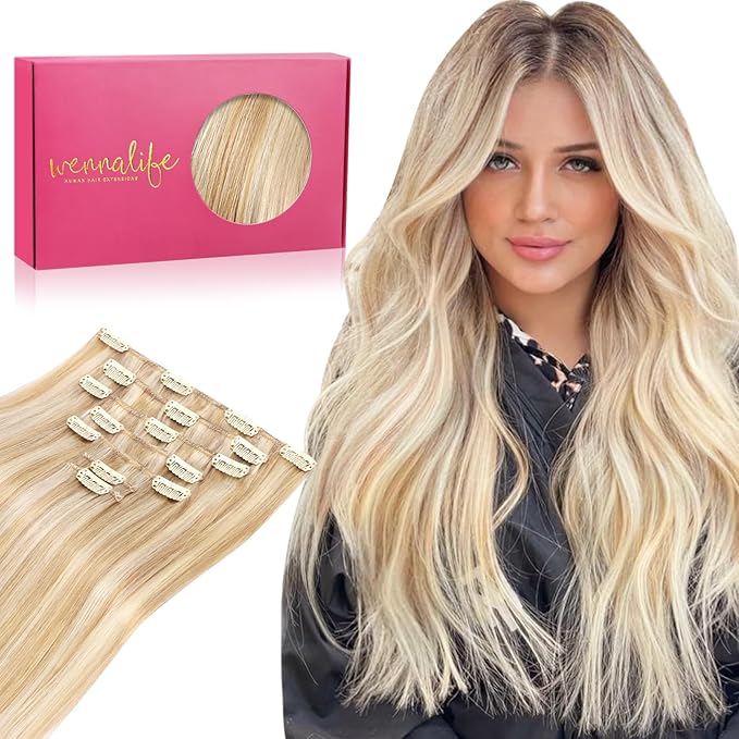 WENNALIFE Clip in Hair Extensions Human Hair 24 Inch 120g 7pcs Dirty Blonde Highlighted Bleach Blonde Hair Extensions Clip in for Women Real Human Hair Rallonge Cheveux Extensions