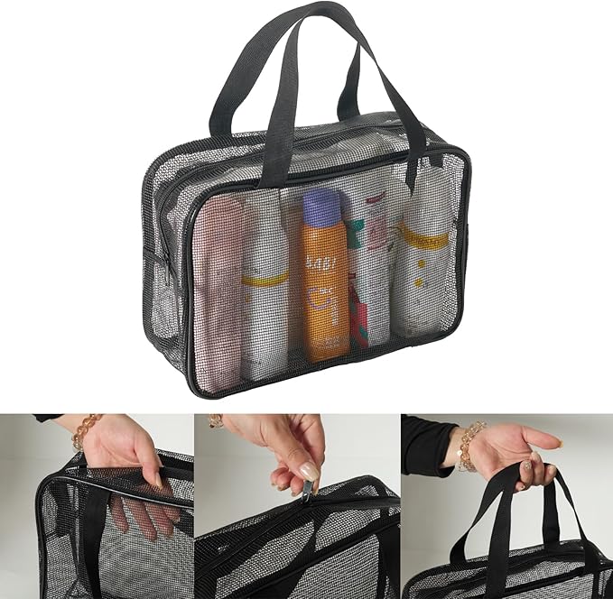 Black Mesh Shower Tote Bag - 12×8Inch Portable Quick-Dry Hanging Pouch for Bathroom, Gym, Camping, Toiletry Organizer
