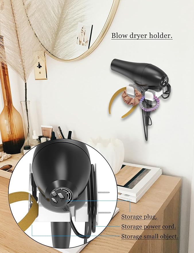 Universal Hair Dryer Holder Wall Mounted, Blow Dryer Holder Cabinet Door, Hairdryer Holder for Bathroom, Hair Dryer Storage Rack Fixed by Screw or Adhesive (White)