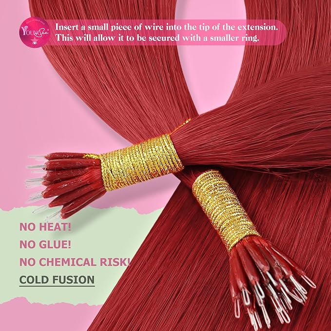 YoungSee Nano Ring Hair Extensions Human Hair Red Nano Bead Hair Extensions Colored Nano-Link Extension Nano-Loop Extension Red Remy Short Straight Hair for DTY Your Hairstyle