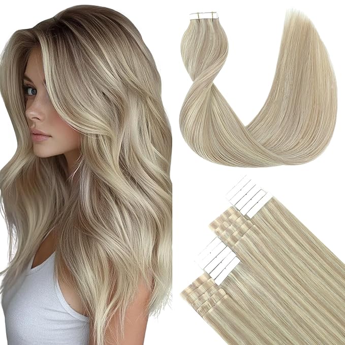 SURNEL Tape in Hair Extensions 22 inch Ash Blonde Highlight Bleach Blonde Tape in Human Hair Extensions 20pcs 50g(#18P613-22)