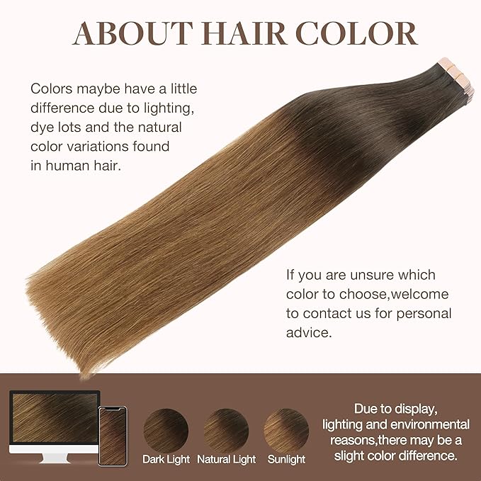 GOO GOO Tape in Hair Extensions Human Hair, 1D/2C/4E Chocolate Dip Color Melt, 20inch 50g 20pcs, Skin Weft Seamless Invisible, Silky Straight with Thick Ends, Remy Human Hair
