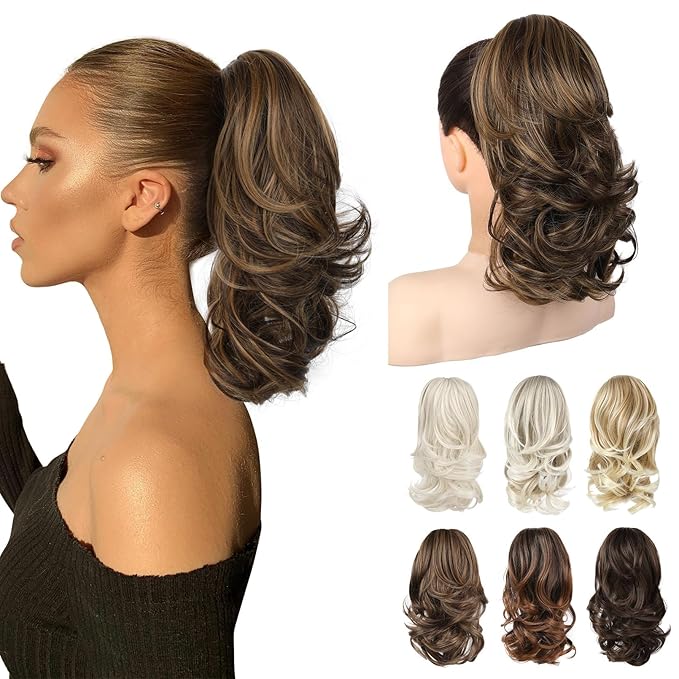Ponytail Extension - 14" Claw Clip in Ponytail Hair Extensions Natural Soft Synthetic Layered Wavy Pony Tail Hair Pieces for Women - Medium Brown with Highlights