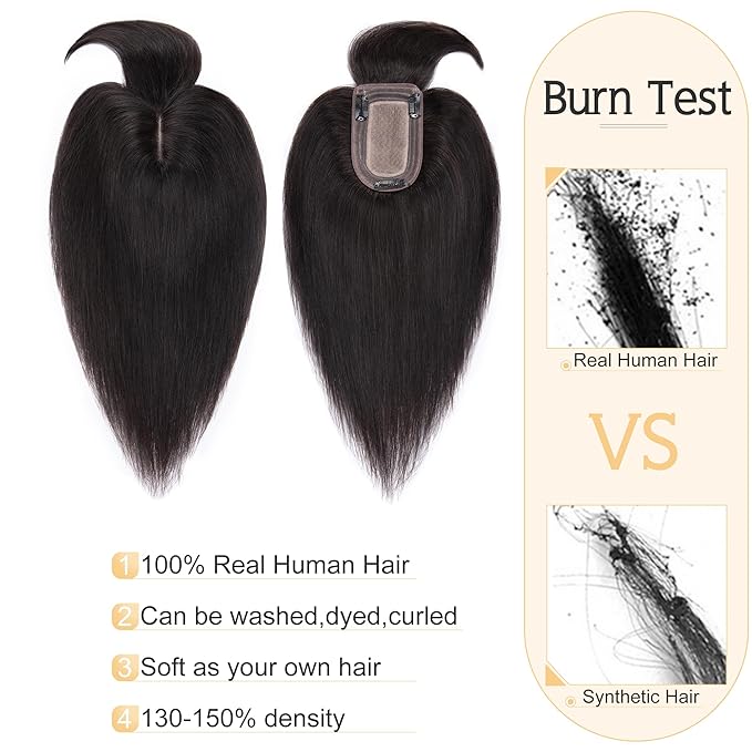 SEGO Hair Toppers for Women Real Human Hair With Bangs, 7 * 13CM Silk Base 100% Remy Human Hair Clip in Top Wiglet Hairpieces Add Volume -12 Inch Natural Black