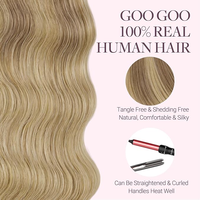 GOO GOO Tape in Hair Extensions Human Hair, #(T12A/18H) P18H Ash Beige Blonde Blend, 24inch 50g 20pcs, Skin Weft Seamless Invisible, Silky Straight with Thick Ends, Remy Human Hair