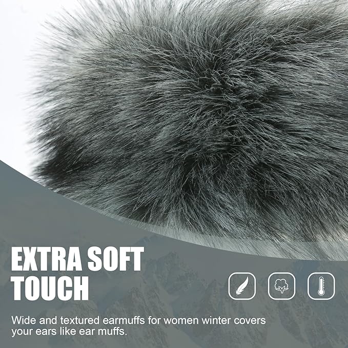 Faux Fur Headband for Women Elastic Fuzzy Thick Earmuffs Winter Headwrap Ear Muffs Furry Ear Warmers Cold Weather (Grey)