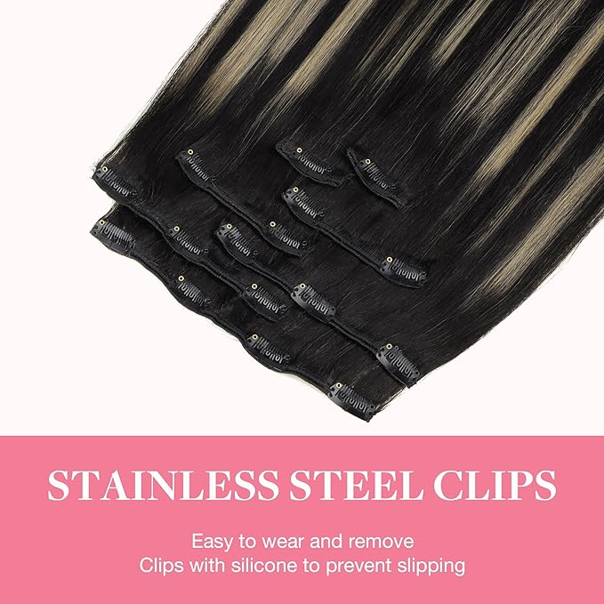 GOO GOO Clip in Hair Extensions Real Human Hair, Remy Human Hair Extensions Clip ins for Women, Natural Human Hair, 24inch 120g 7Pcs, 1B/16/1B Balayage Natural Black to Light Blonde