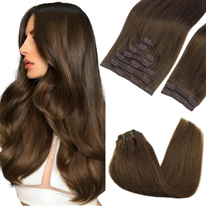 GOO GOO Clip in Hair Extensions Real Human Hair, Remy Human Hair Extensions Clip ins for Women, Natural Human Hair, 14inch 150g 9Pcs, 4A Chocolate Brown
