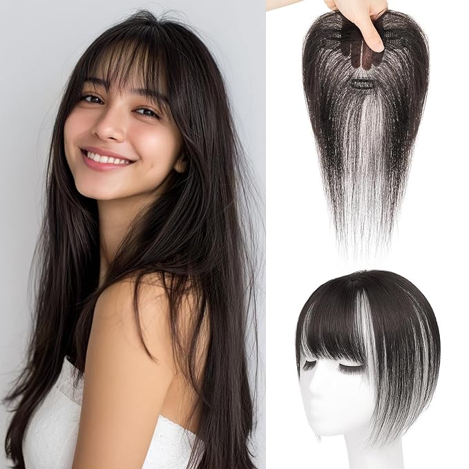 Benehair Clip in Bangs 100% Real Human Hair Extensions 360° Cover Clip on 3D Wispy Bangs for Women Topper Hairpieces for Women Natural Black