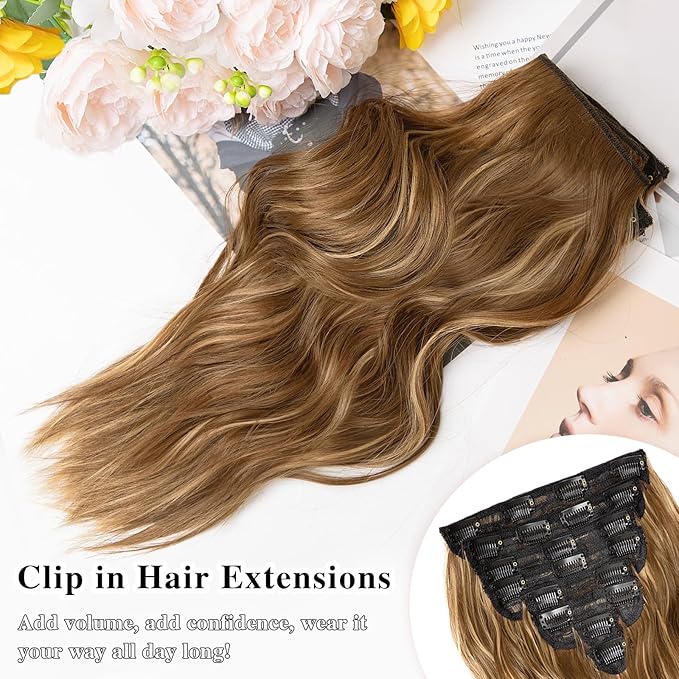 Hair Extensions for Women, 8PCS 16 Inch Chestnut Brown Clip in Hair Extensions Mix Blonde, Synthetic Wavy Clip Ins, Full Head Thick Hairpieces for Women