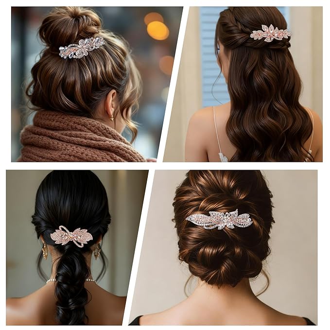 4PCS Vintage Elegant Metal Rhinestone Hair Clips, Sparkly Crystal Hair Pins Butterfly Floral Leaf Bow Hair Barrettes, Non-Slip Sparkly French Floral Hairpins Accessories Gift for Women Girls