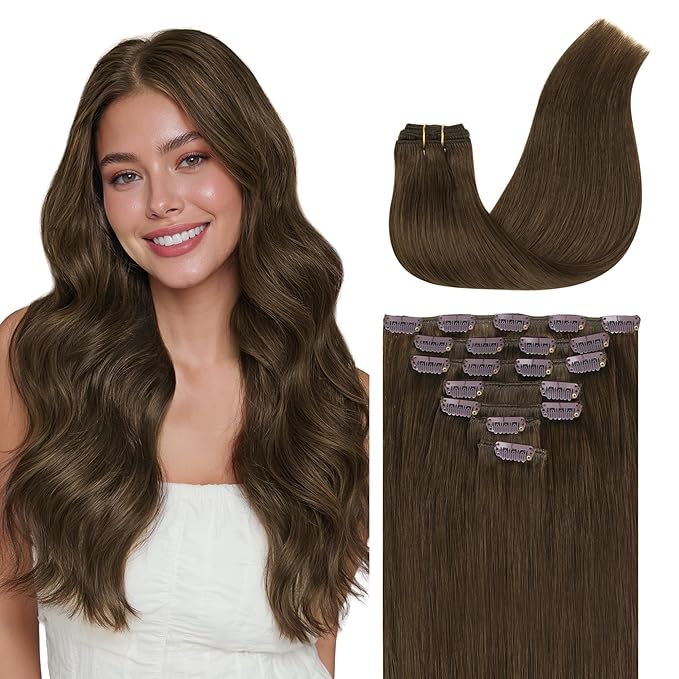 GOO GOO Clip in Hair Extensions Real Human Hair, Remy Human Hair Extensions Clip ins for Women, Natural Human Hair, 20inch 120g 7 Pcs, #4H Light Chocolate Brown