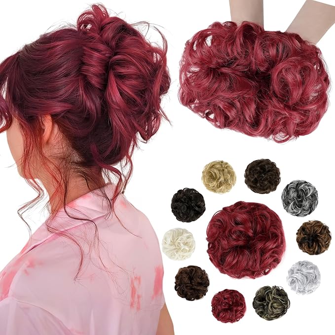 Messy Bun Hair Piece Wavy Curly Scrunchies Fluffy Donut Thick Updo Elegant Chignon Hairpieces for Women Girls, Dark Red 1.4oz