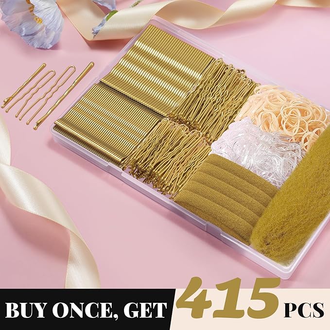 415pcs Bobby Pins Hair Pins Set, IKOCO 200pcs U Shaped Pins & Elastic Hair Ties for Women with Hair Net, Gold