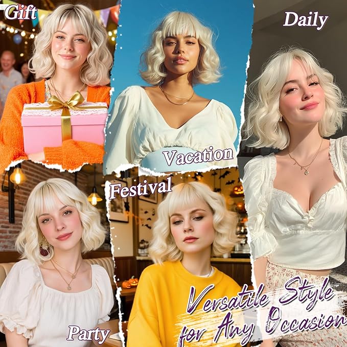 BARSDAR Short Wavy White Wig with Bangs - Short White Bob Wigs for Women - Curly Wavy Textured French Bob Wig with Bangs Soft Synthetic Natural Looking Face-Framing Daily Party Halloween