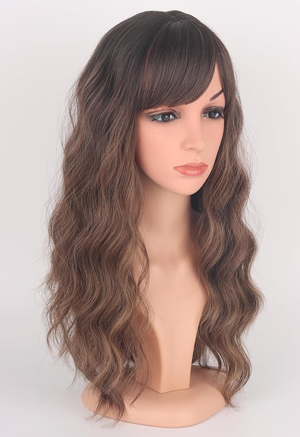 Ombre Brown Wavy Wigs With Bangs, Medium Long Synthetic Hair Replacement Wigs for Daily Use, 18 Inch