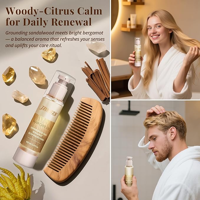 Leave-In Hair Oil – Lightweight Hydration with Jojoba & Argan Oils, Sandalwood & Bergamot Aroma, Smooth Shine & Frizz Control for Fine to Frizz-Prone Hair, 3.4 fl oz / 100 ml